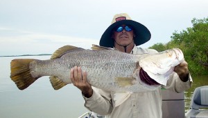 Matt Rawlinson of Team Rapala with his 106cm barramundi at the 2012 Kakadu Klash barramundi fishing competition